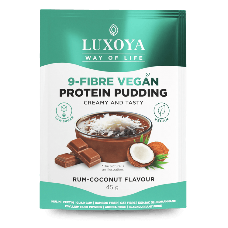 9-FIBRE VEGAN PROTEIN PUDDING - VEGÁN FEHÉRJÉT TARTALMAZÓ ROSTPUDING 9 FÉLE NÖVÉNYI ROSTTAL 45 g - Rumos-kókuszos csokoládé ízű