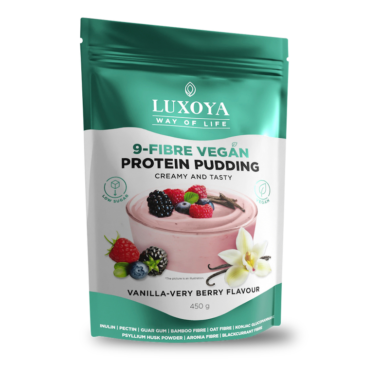 9-FIBRE VEGAN PROTEIN PUDDING - VEGÁN FEHÉRJÉT TARTALMAZÓ ROSTPUDING 9 FÉLE NÖVÉNYI ROSTTAL 450 g - Vanília-erdei gyümölcs ízű