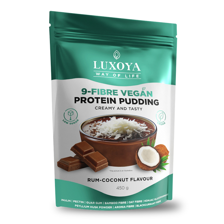 9-FIBRE VEGAN PROTEIN PUDDING - VEGÁN FEHÉRJÉT TARTALMAZÓ ROSTPUDING 9 FÉLE NÖVÉNYI ROSTTAL 450 g  Rumos-kókuszos csokoládé ízű