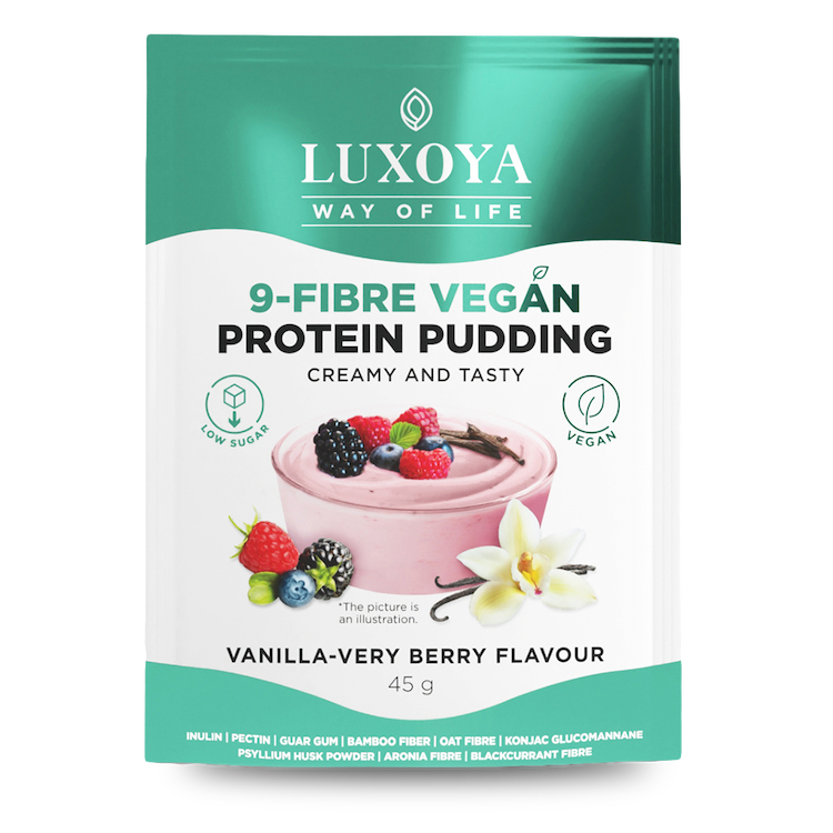 9-FIBRE VEGAN PROTEIN PUDDING - VEGÁN FEHÉRJÉT TARTALMAZÓ ROSTPUDING 9 FÉLE NÖVÉNYI ROSTTAL 45 g - Vanília-erdei gyümölcs ízű