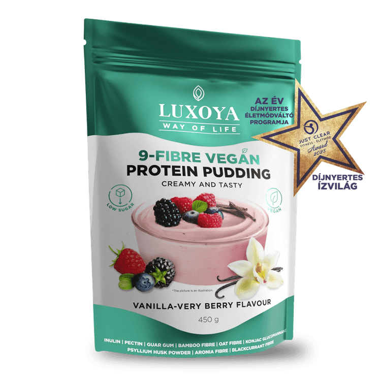 9-FIBRE VEGAN PROTEIN PUDDING - VEGÁN FEHÉRJÉT TARTALMAZÓ ROSTPUDING 9 FÉLE NÖVÉNYI ROSTTAL 450 g - Vanília-erdei gyümölcs ízű