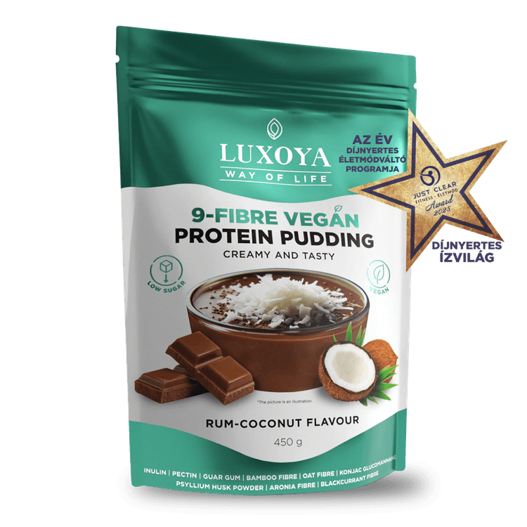 9-FIBRE VEGAN PROTEIN PUDDING - VEGÁN FEHÉRJÉT TARTALMAZÓ ROSTPUDING 9 FÉLE NÖVÉNYI ROSTTAL 450 g  Rumos-kókuszos csokoládé ízű
