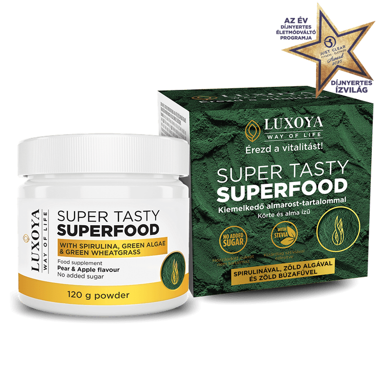 SUPER TASTY SUPERFOOD - KÖRTE-ALMA ÍZESÍTÉSŰ SPIRULINÁT, ZÖLD ALGÁT ÉS ZÖLD BÚZAFÜVET TARTALMAZÓ ÉTREND-KIEGÉSZÍTŐ ITALPOR 120 g