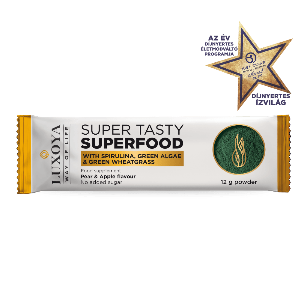SUPER TASTY SUPERFOOD - KÖRTE-ALMA ÍZESÍTÉSŰ SPIRULINÁT, ZÖLD ALGÁT ÉS ZÖLD BÚZAFÜVET TARTALMAZÓ ÉTREND-KIEGÉSZÍTŐ ITALPOR 12 g