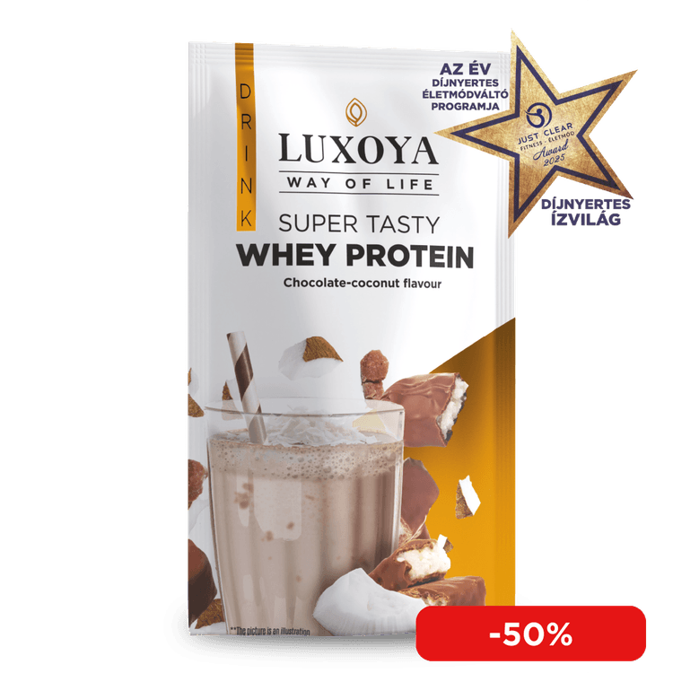 SUPER TASTY WHEY PROTEIN - PRÉMIUM TEJSAVÓ FEHÉRJE ITALPOR 30 g - Csokoládé-kókusz ízű - VALÓDI CSOKIDARABOKKAL ÉS KÓKUSZRESZELÉKKEL!