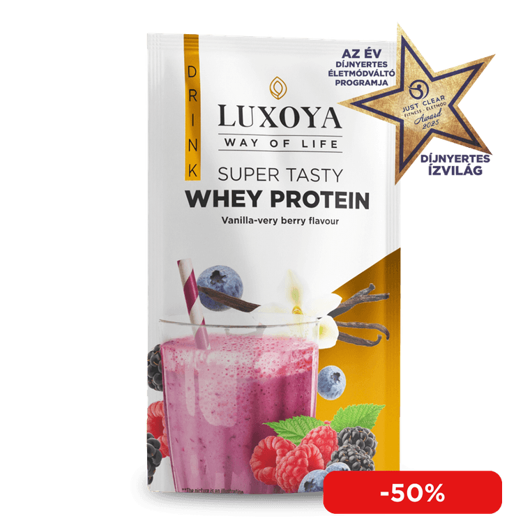 SUPER TASTY WHEY PROTEIN - PRÉMIUM TEJSAVÓ FEHÉRJE ITALPOR 30 g - Vanília-erdei gyümölcs ízű