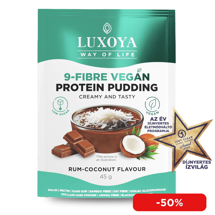9-FIBRE VEGAN PROTEIN PUDDING - VEGÁN FEHÉRJÉT TARTALMAZÓ ROSTPUDING 9 FÉLE NÖVÉNYI ROSTTAL 45 g - Rumos-kókuszos csokoládé ízű