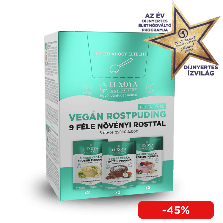 9-FIBRE VEGAN PROTEIN PUDDING - VEGÁN FEHÉRJÉT TARTALMAZÓ ROSTPUDING 9 FÉLE NÖVÉNYI ROSTTAL - Gyűjtődoboz 6x45 g (2x3 íz)