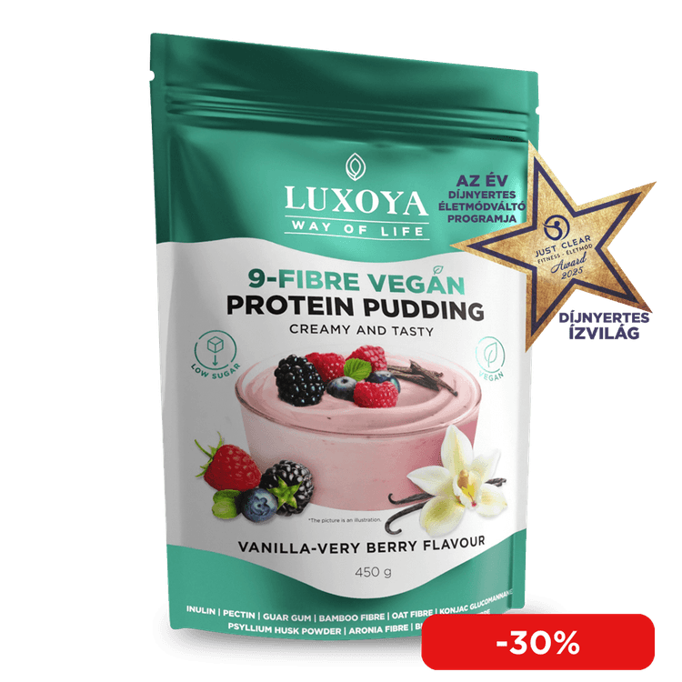 9-FIBRE VEGAN PROTEIN PUDDING - VEGÁN FEHÉRJÉT TARTALMAZÓ ROSTPUDING 9 FÉLE NÖVÉNYI ROSTTAL 450 g - Vanília-erdei gyümölcs ízű