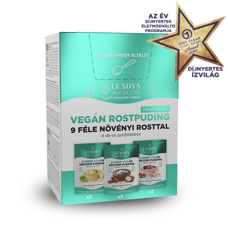 9-FIBRE VEGAN PROTEIN PUDDING - VEGÁN FEHÉRJÉT TARTALMAZÓ ROSTPUDING 9 FÉLE NÖVÉNYI ROSTTAL - Gyűjtődoboz 6x45 g (2x3 íz)