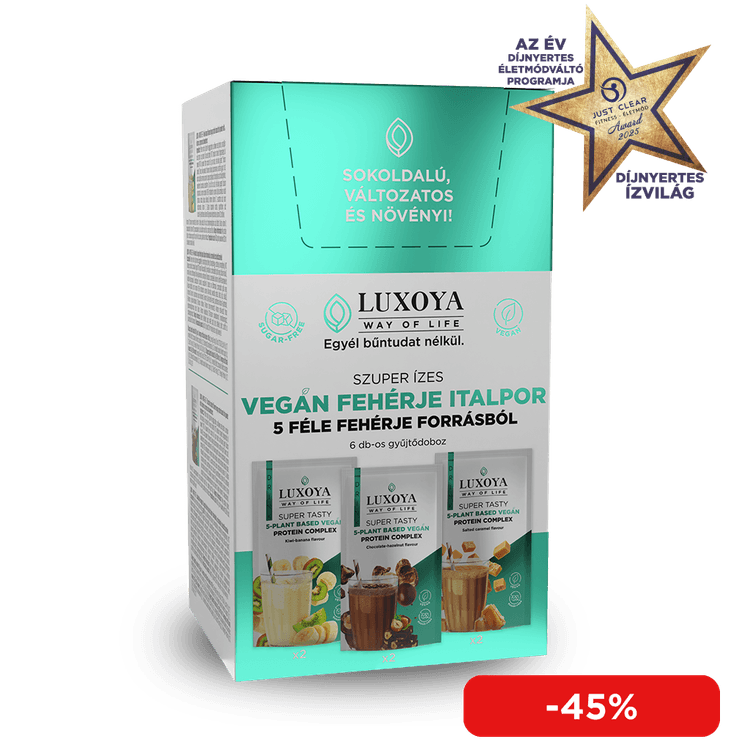 SUPER TASTY 5-PLANT BASED VEGAN PROTEIN COMPLEX - 5 FÉLE NÖVÉNYI FEHÉRJEFORRÁST TARTALMAZÓ VEGÁN FEHÉRJE ITALPOR Gyűjtődoboz 6x30 g (2x3 íz)