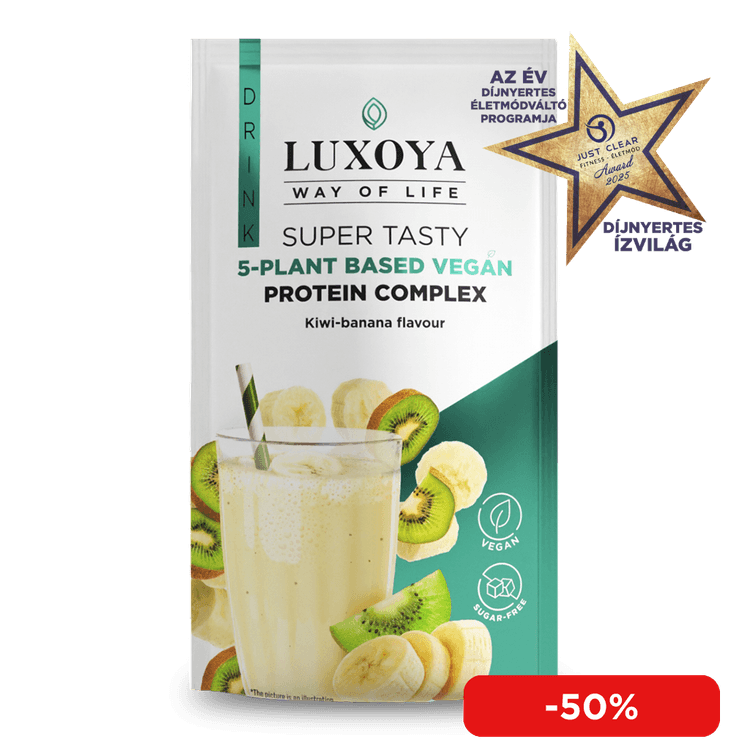 SUPER TASTY 5-PLANT BASED VEGAN PROTEIN COMPLEX - 5 FÉLE NÖVÉNYI FEHÉRJEFORRÁST TARTALMAZÓ VEGÁN FEHÉRJE ITALPOR 30 g - Kivi-banán ízű