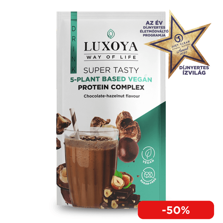 SUPER TASTY 5-PLANT BASED VEGAN PROTEIN COMPLEX - 5 FÉLE NÖVÉNYI FEHÉRJEFORRÁST TARTALMAZÓ VEGÁN FEHÉRJE ITALPOR 30 g - Csokoládé-mogyoró ízű