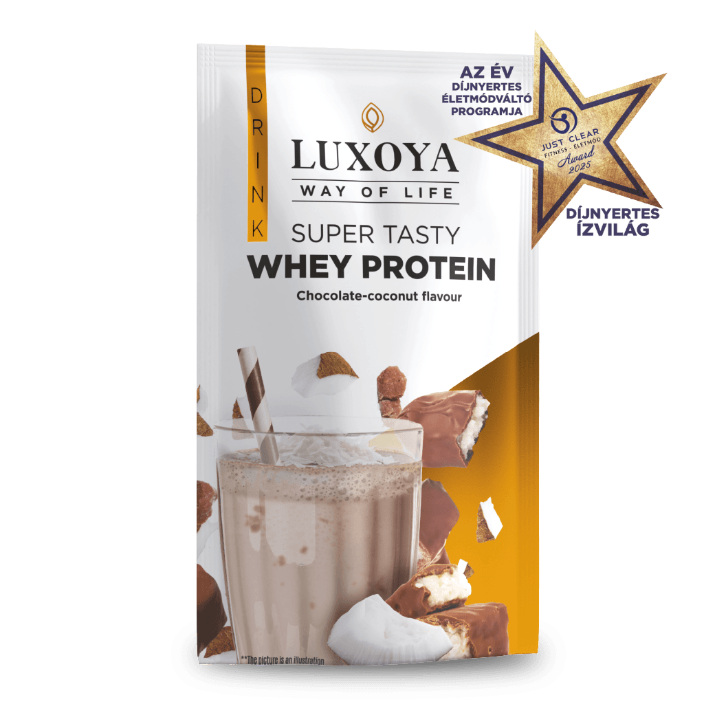 SUPER TASTY WHEY PROTEIN - PRÉMIUM FEHÉRJE ITALPOR 30 g - Csokoládé-kókusz ízű - VALÓDI CSOKIDARABOKKAL ÉS KÓKUSZRESZELÉKKEL!