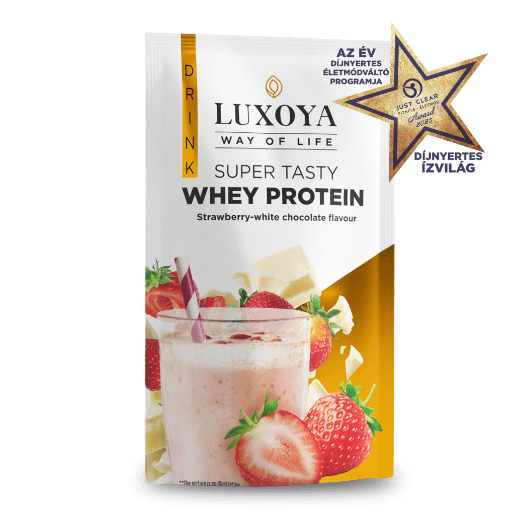 SUPER TASTY WHEY PROTEIN - PRÉMIUM FEHÉRJE ITALPOR 30 g - Eper-fehér csokoládé ízű VALÓDI EPERDARABOKKAL!