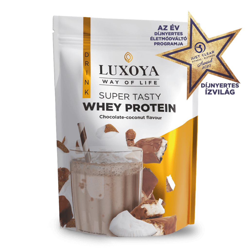 SUPER TASTY WHEY PROTEIN - PRÉMIUM FEHÉRJE ITALPOR 450 g DOY - Csokoládé-kókusz ízű - VALÓDI CSOKIDARABOKKAL ÉS KÓKUSZRESZELÉKKEL!