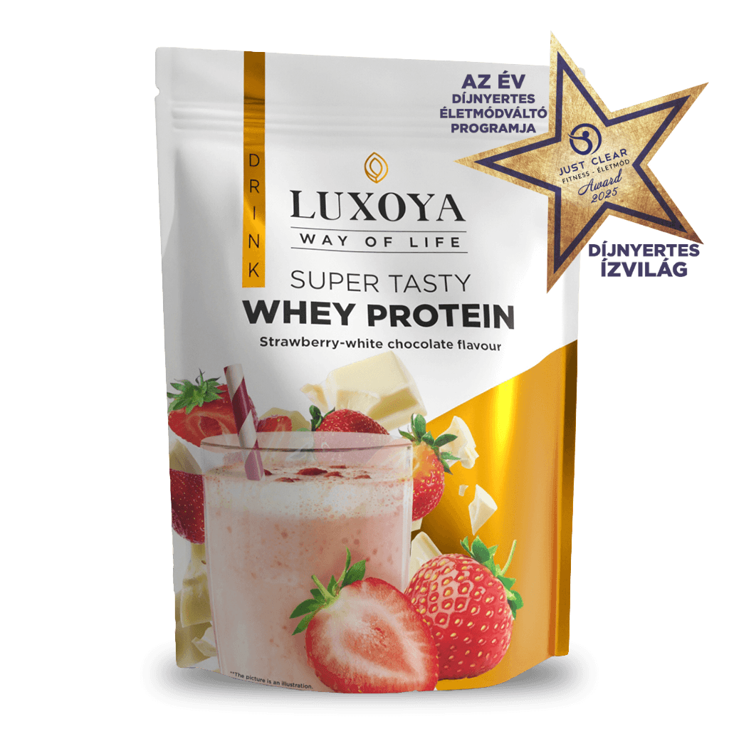 SUPER TASTY WHEY PROTEIN - PRÉMIUM TEJSAVÓ FEHÉRJE ITALPOR 450 g DOY - Eper-fehér csokoládé ízű VALÓDI EPERDARABOKKAL!