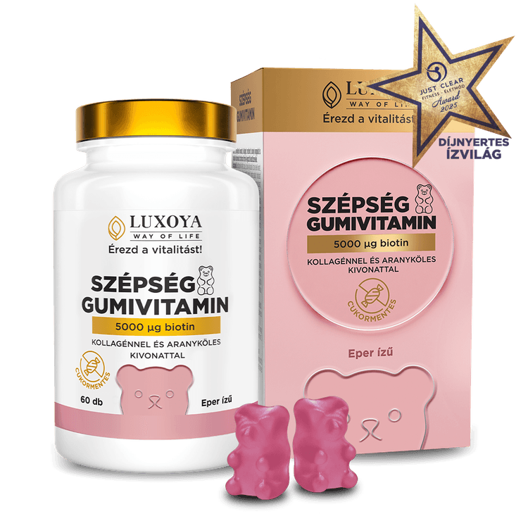 SZÉPSÉG GUMIVITAMIN – BIOTINNAL, KOLLAGÉNNEL ÉS ARANYKÖLES KIVONATTAL  - Eper ízű - 60db