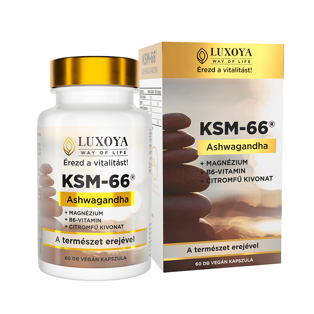 KSM-66 Ashwagandha növényi kivonatokkal és B6-vitaminnal dúsított étrend-kiegészítő kapszula - 60db
