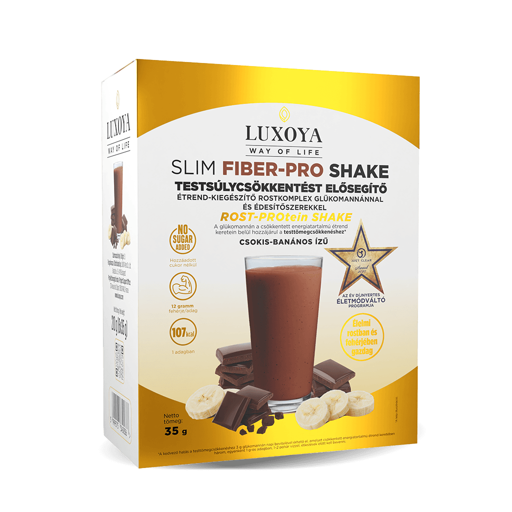 Slim Fiber-Pro Shake - Csokis-banános - Testsúlycsökkentést elősegítő étrend-kiegészítő rostkomplex glükomannánnal és édesítőszerekkel - 6x35g