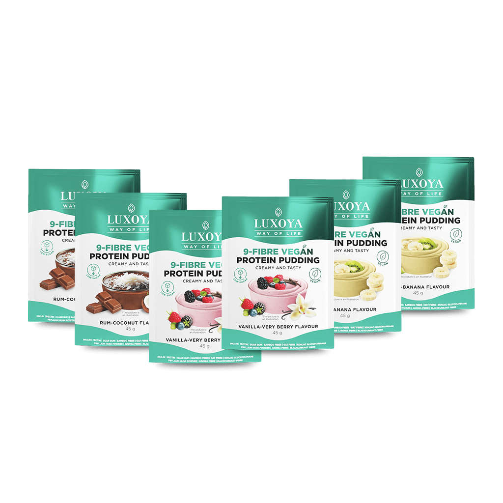 9-FIBRE VEGAN PROTEIN PUDDING - VEGÁN FEHÉRJÉT TARTALMAZÓ ROSTPUDING 9 FÉLE NÖVÉNYI ROSTTAL - 6x45 g (2x3 íz)