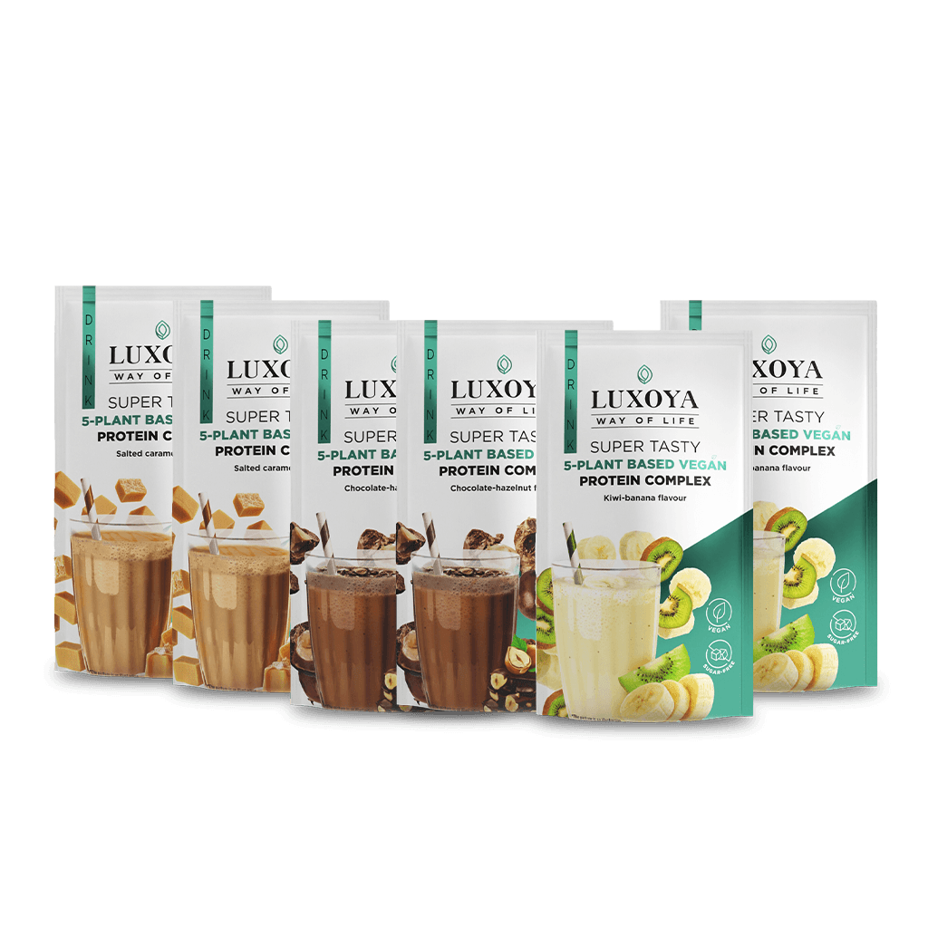 SUPER TASTY 5-PLANT BASED VEGAN PROTEIN COMPLEX - 5 FÉLE NÖVÉNYI FEHÉRJEFORRÁST TARTALMAZÓ VEGÁN FEHÉRJE ITALPOR 6x30 g (2x3 íz)